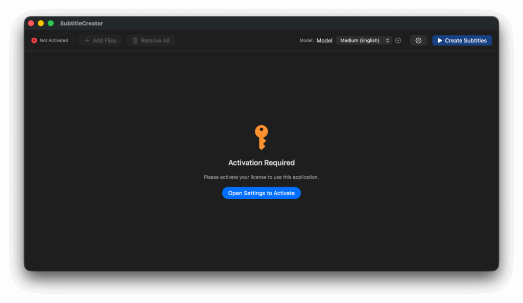 AI Subtitle Creator activation screen